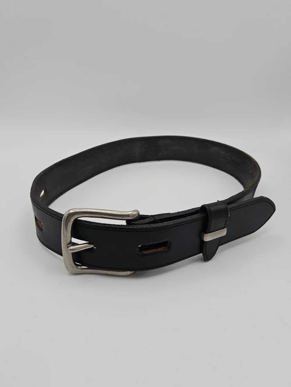 J. Crew black leather belt with silver tone square buckle size 26